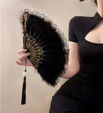 HAND FAN-Vintage Style 1920s Feather Hand Fan, Glam Style Folding Fan, Tassell
