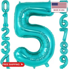 Teal Blue Number 5 Balloon, 40 Inch Big Large Foil Helium Number Balloons, Giant