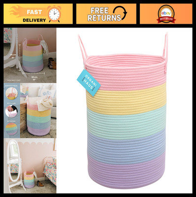 Large Rainbow Woven Laundry Basket 52L w/Handles - Colorful Toy Storage Bin, Nur