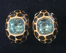 Vintage Kenneth Jay Lane Signed Sea Foam Glass Leopard Enamel Clip On Earrings