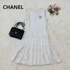 CHANEL Dress Tweed Sleeveless White 36 Special Cleaning Silk Lining