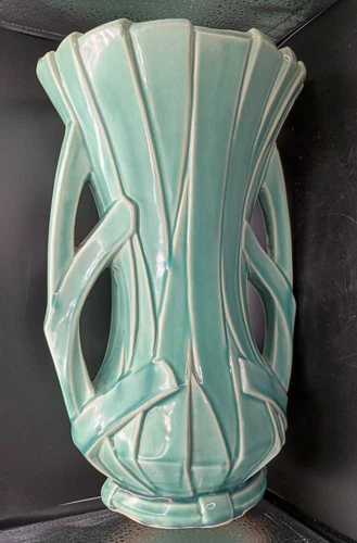 HUGE McCoy Pottery Green Double Handle Ribbon Strap Vase 12.25"