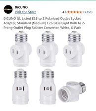E26 to 2 Polarized Outlet Socket Adapter White 6-Pack Light Bulb Splitter