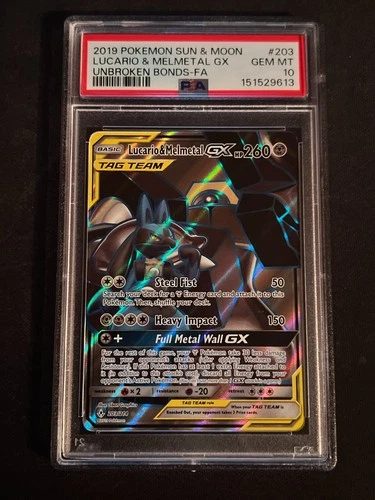 PSA 10 FRESH CERT Lucario & Melmetal GX (Full Art) 203/214 Sm-Unbroken Bonds