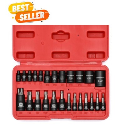 25 Piece Torx Bit and Socket Set, 13 Star Bits T8- T60 & 12 E-Torx Sockets E4...