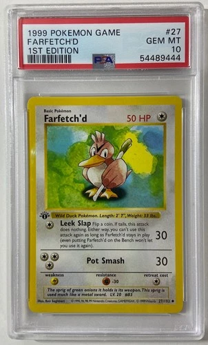 Pokemon - Base Set 1st Edit. 1999 Shadowless "FARFETCH'D" PSA 10 GEM/MT #27/102.
