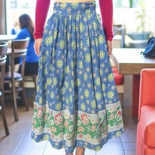 Vintage 50 s 1950 s Blue Green Floral Print Cotton Midi Skirt Sz S