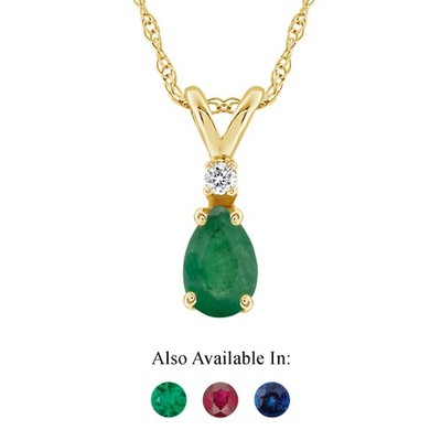 14K Gelbgold 6x4mm Birnenform natürlicher Smaragd Diamant Akzent Anhänger Halskette