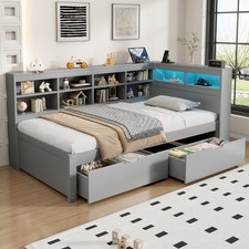 3FT Single Platform Bed Frame w/ Drawers, Storage Compartments & LED Lights Grey
