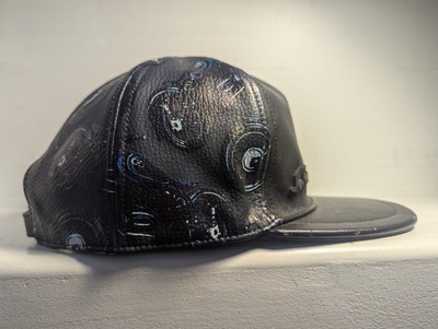 SALVATORE FERRAGAMO MOTORCYCLE PRINT BASEBALL HAT LEATHER VERY GOOD PRE-OWNED