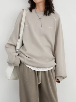 OVERSIZE ROUND NECK COTTON HOODIE RAGLAN SLEEVE WITH PIPING & LETTER EMBROIDERY
