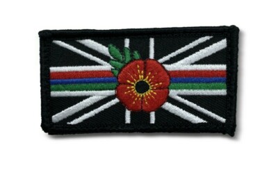 Schwarz Union Jack dünner ROT BLAU GRÜN Blumen bestickt offizieller VELCRO  Patch