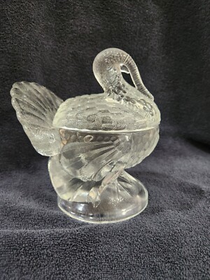 Vintage LE Smith Covered Clear Glass Turkey Candy Dish 7.5  Thanksgiving Hen 