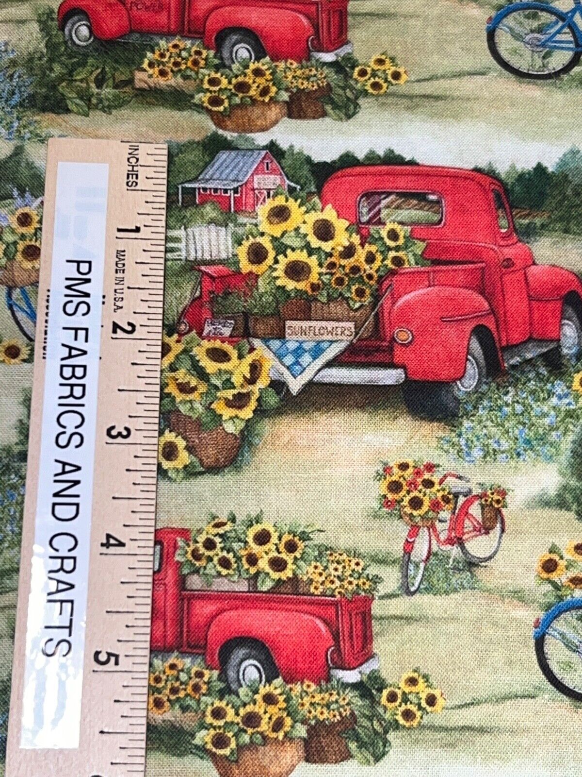 Fall Sunflowers Red Truck Bicycles 100% light weight cotton fabric 36 x 44