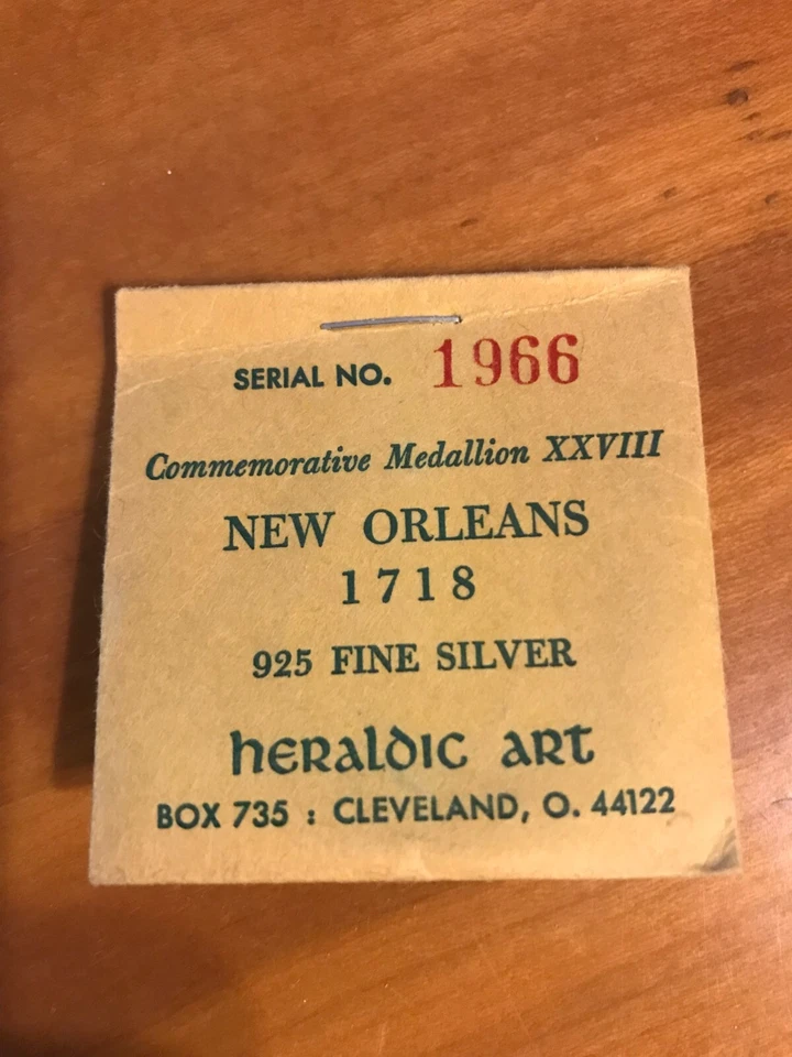 1968 Silver, Heraldic Art Medal, New Orleans 1718, .925 Silver, s/n-1966 - Image 3 of 3
