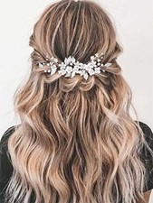 Flower Bride Wedding Hair Vine Silver Pearl Bridal Headpiece Floral Leaf Hair...