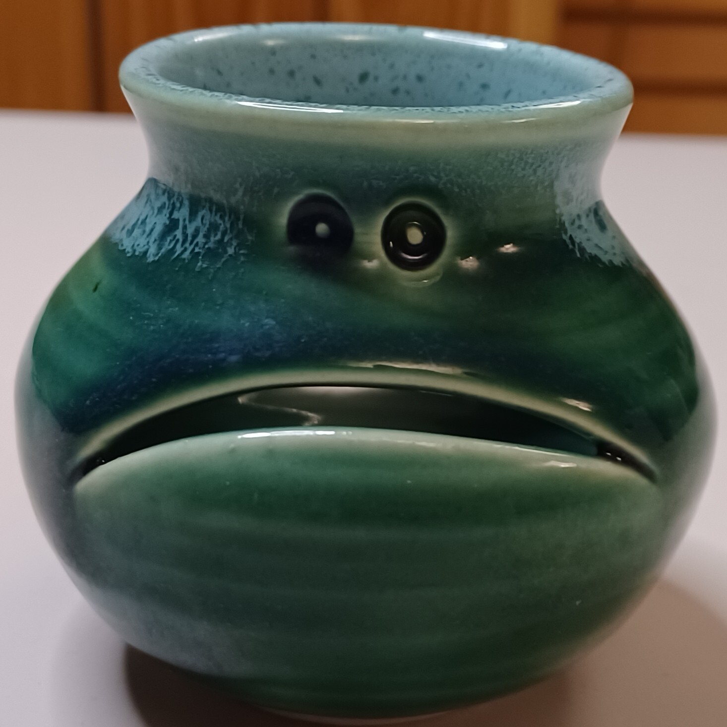 studio pottery green face jug pot - reminds me of a frog