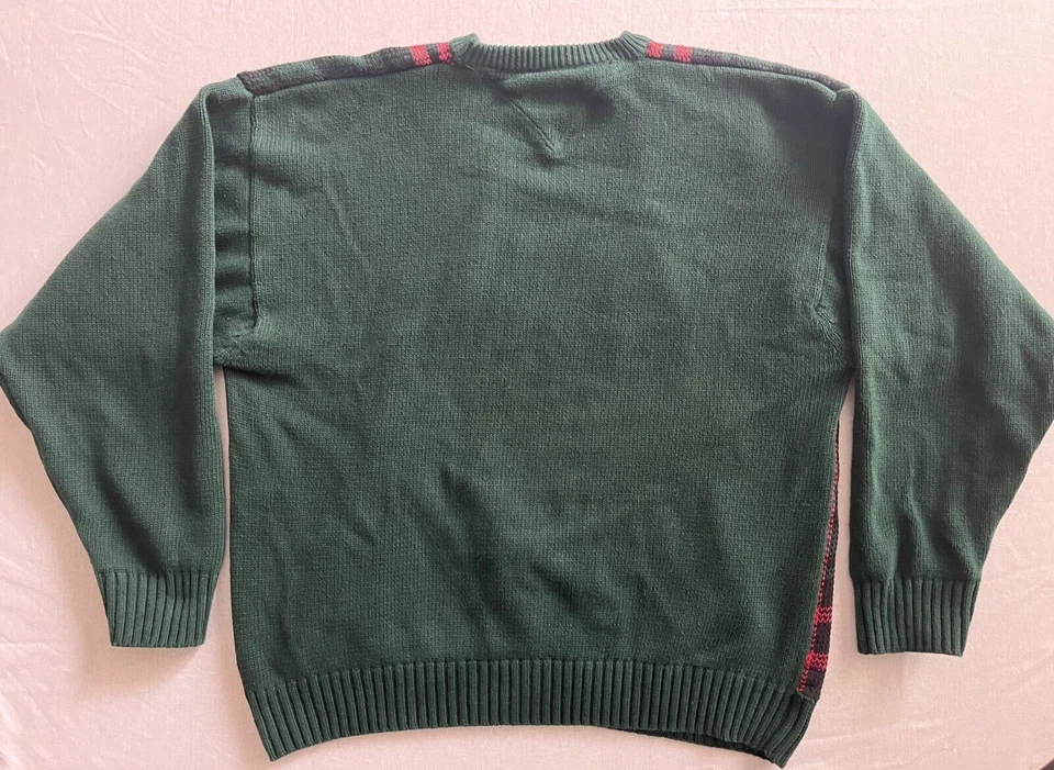 Suéter de punto vintage Tommy Hilfiger para hombre talla XL a cuadros cuello redondo verde/rojo usado en excelente estado Foto 4 de 4