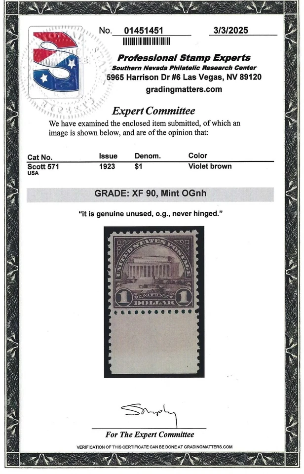 US Scott # 571 - Mint NH - PSE Graded XF 90                               (P-14) - Image 3 of 3