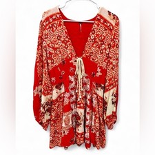 Free People Mixing It Up Mini Dress Small Floral V Neck Boho Patchwork Tunic