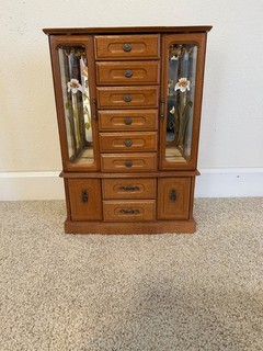 VINTAGE WOODEN JEWELRY CABINET WITH DRAWERS FOR TABLETOP 19.75"