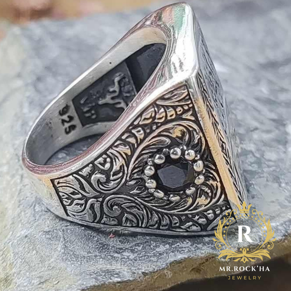 Word of Tawhid Written Engraving,Black Zircon,925 Sterling Silver Men's Ring