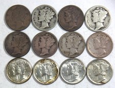1930, 1931, 1935, 1937, 1938, 1940 MERCURY DIME - TEN CENTS - LOT OF 12 - SILVER