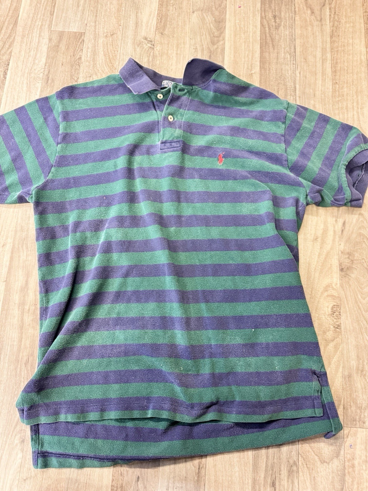Vintage Polo Ralph Lauren Green & Navy Striped Polo Shirt Men’s Large Classic