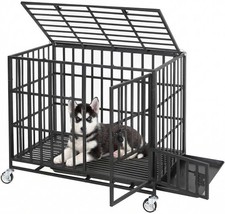 36" Indestructible Dog Kennel Metal Crate with Wheels and Tray for Large Dogs