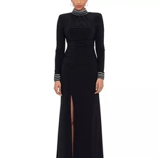 Betsy & Adam Women's Black Rhinestone Mock-Neck Long Dress Size 14/L NEW