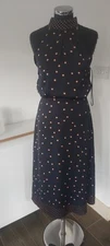 MINT VELVET Size 18 satin Fit & Flair Halter  Occasion Dress Darkest Navy Spot. 