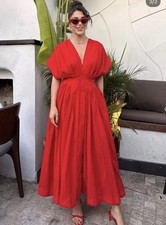 ZARA WOMAN V-NECK ZW COLLECTION MIDI DARTED DRESS RED Size M Ref 2965/395