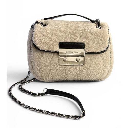 Michael Kors Sloan Chain Strap Crossbody Shoulder Bag Ivory Sherpa Black Leather
