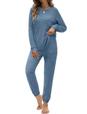 JUSTFASHIONNOW Womens Ribbed Knit Lounge Set 2 Piece Outfits Long Sleeve Paja...