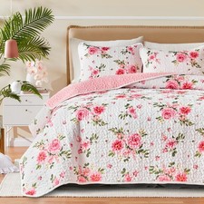 Floral Quilt Set 3 Pieces Queen Size White Pink Flower Soft Microfiber Lightw...