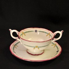 Coalport Cream Soup Bouillon Cup & Saucer Bows & Flowers Maroon Trim 1891-1919