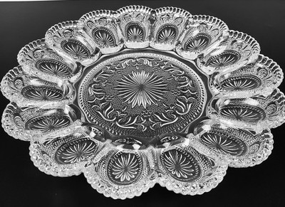 L.E. Smith Vintage Glas Eierplatte 28cm Fancy Beaded 15 Eier Servierplatte