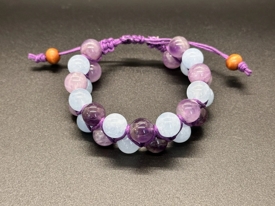 紫水晶海蓝宝石双玛拉手链大麻手工制作可调节 — 第 2/2 张图片