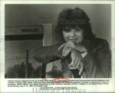 1988 Press Photo Kathleen Erickson stands outside Nissan facility in Carson, CA