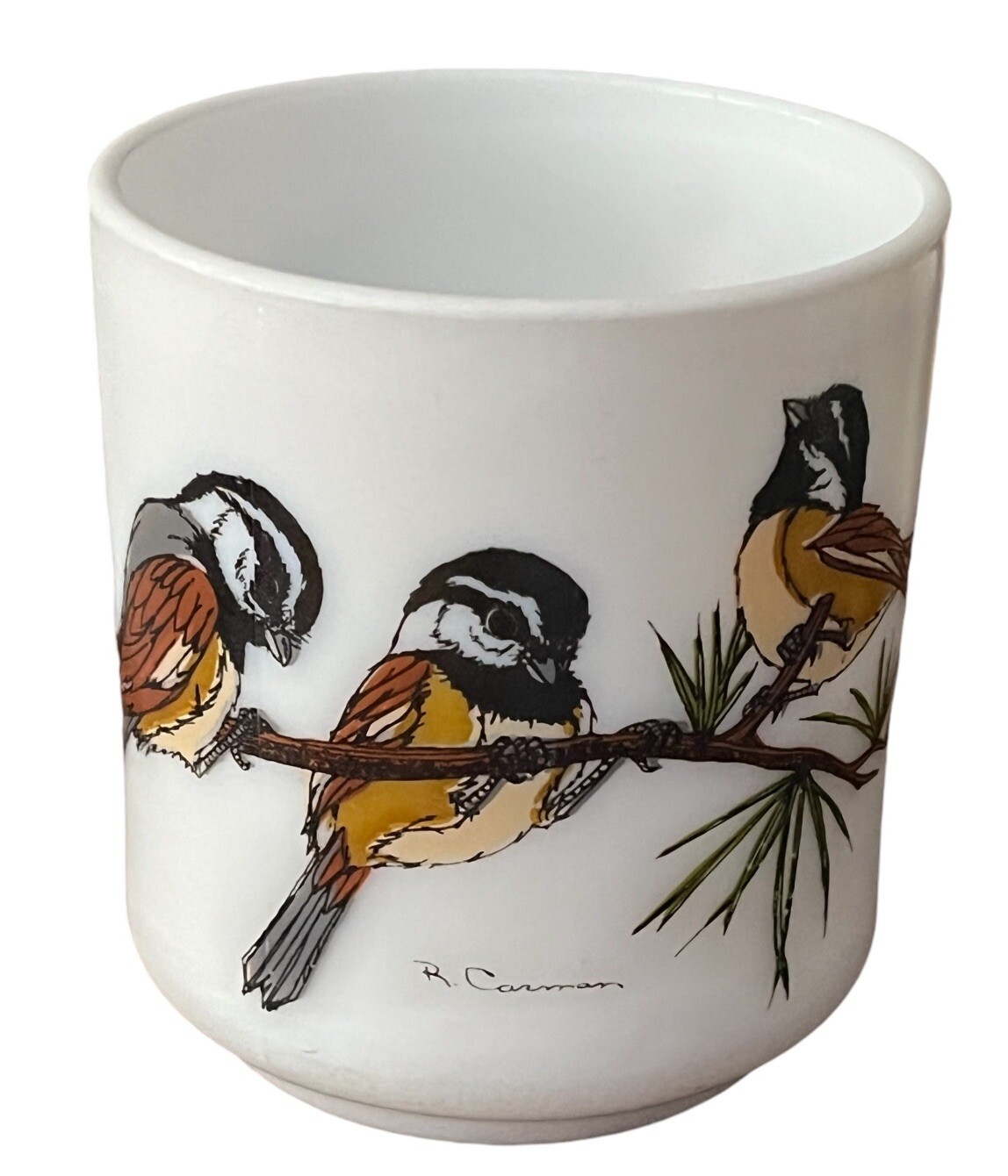 Vintage Arcopal France Milk Glass Coffee Mug Cup Chickadee Birds Signed R Carman