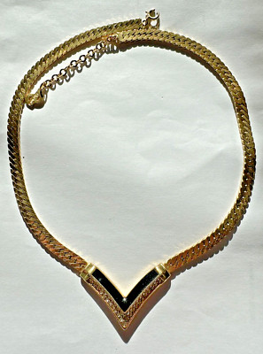 Vintage Christian Dior Gold tone V Rhinestones Black Enamel Chain