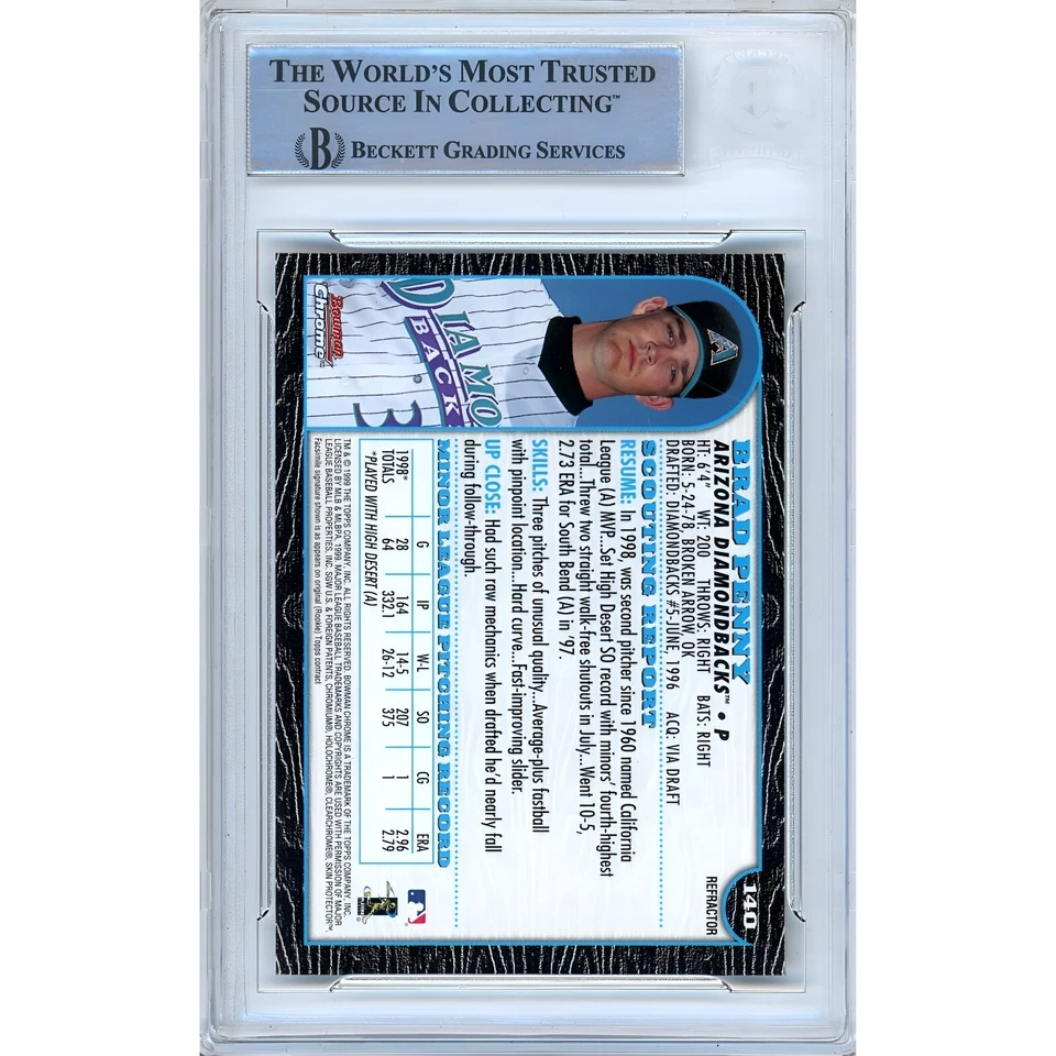 Brad Penny Firmado 1999 Bowman Cromo Refractor #140 BAS Losa DBacks MLB Automático Foto 3 de 4