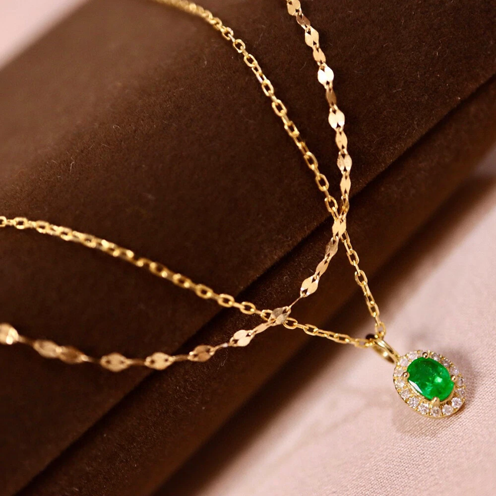 18K Solid Gold Natural Oval Emerald Diamond Pendant Necklace