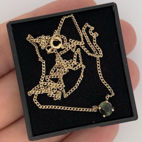 9ct Yellow Gold Green Tourmaline Solitaire Necklace 18" Chain - Picture 5 of 6