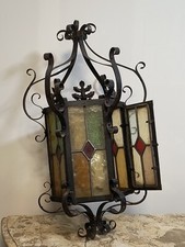 LANTERNA ANTICA VECCHIA FERRO BATTUTO INCHIODATO VITI VETRI COLORATI PIOMBATI