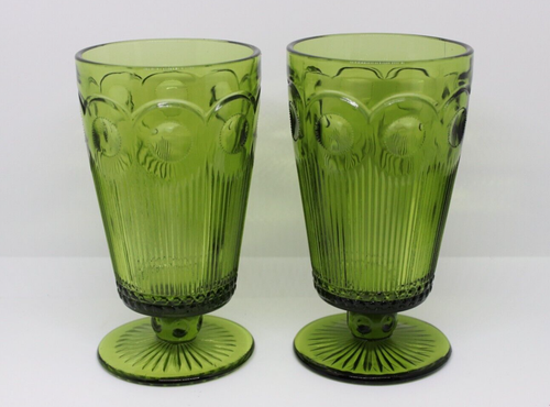 2 Green Bartlett Collins Manhattan Bullseye Cane Footed Drinking Glass Goblets - Picture 2 of 7