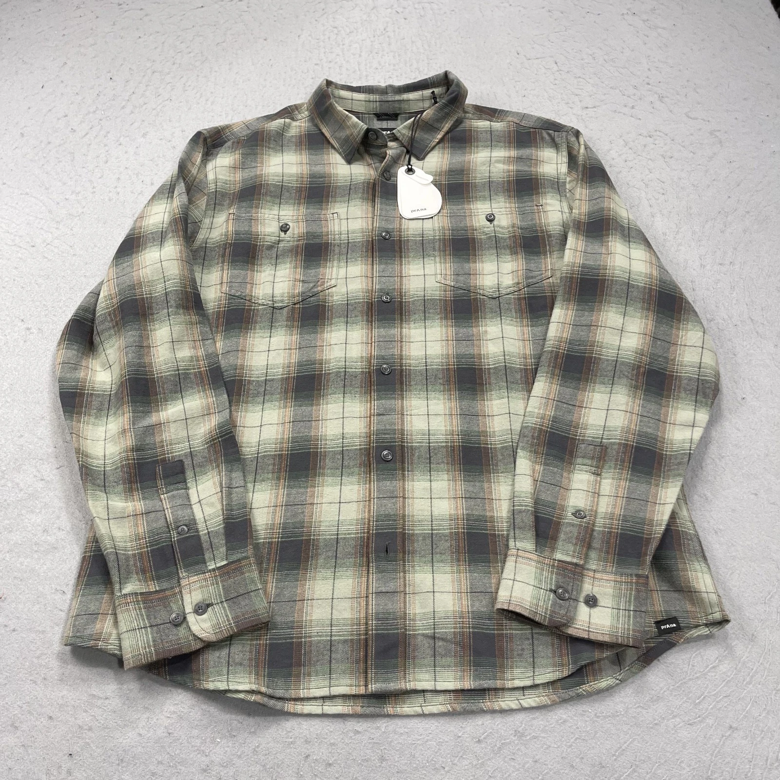 PrAna Shirt Mens Large Green Plaid Dolberg Flannel Organic Cotton Hiking NWT