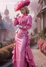 Vintage Victorian Prom Dresses Puff Long Sleeves High Collar Pink Satin Dress