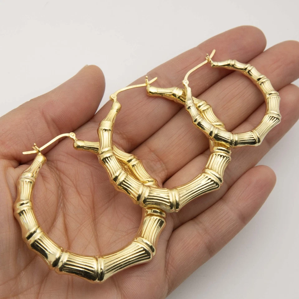 Pendientes de aro de bambú graduados talla diamante chapados en oro amarillo de 14K plata 925 Foto 2 de 4