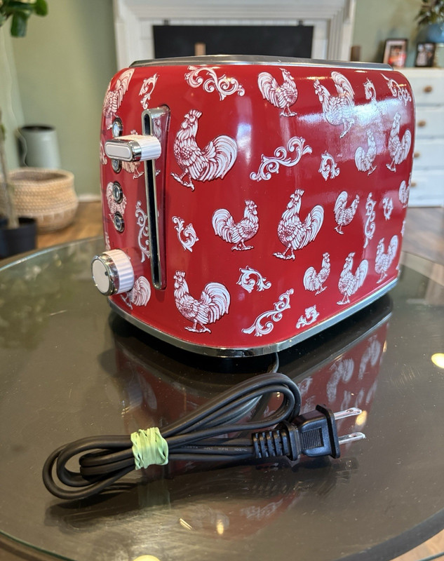 2-Slice Pop-Up Toaster Rooster Print Red/White 800W 6-Setting Bagel Defrost